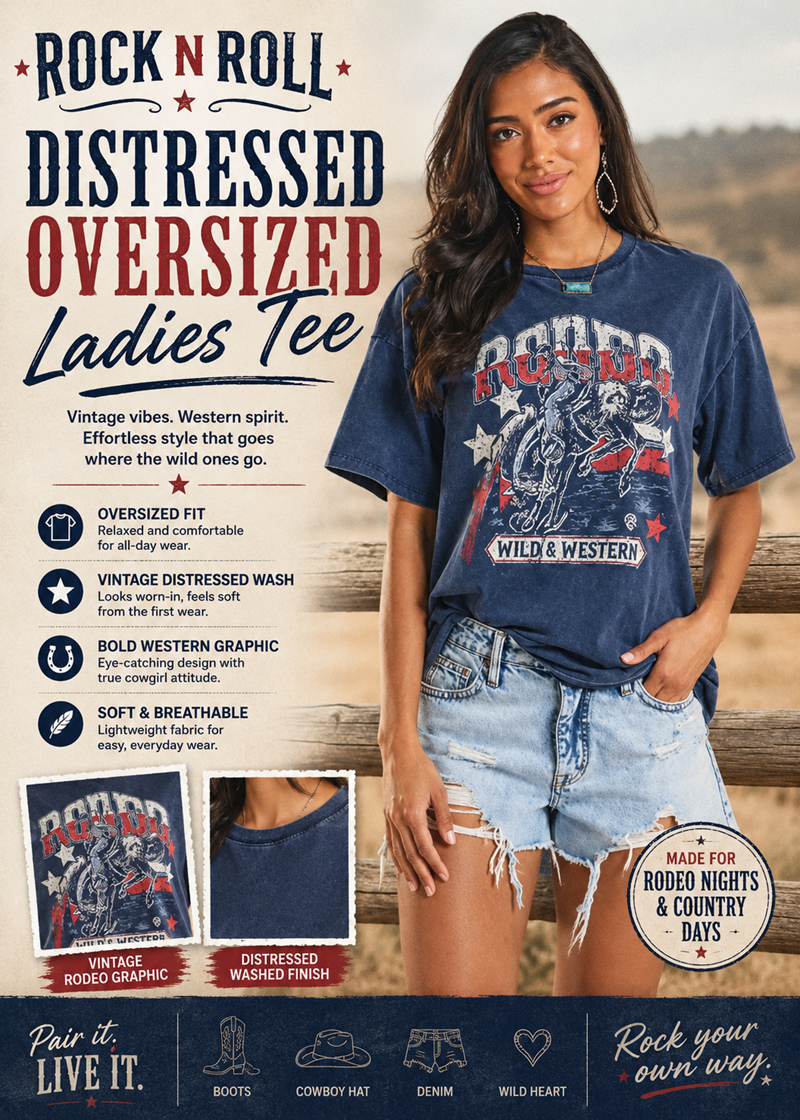 Rock n Roll Distressed Oversized Ladies Tee