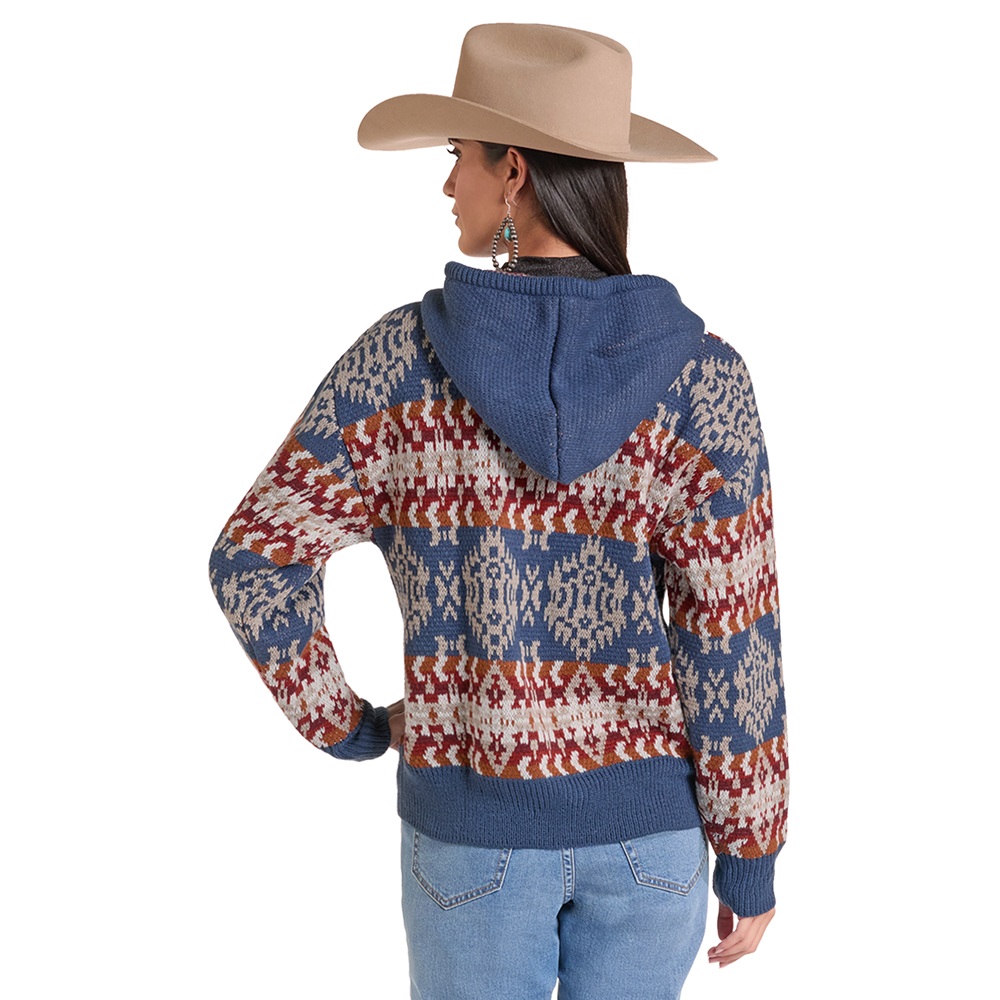 Rock & Roll Women's Blue Aztec Hooded Zip-Up Sweater