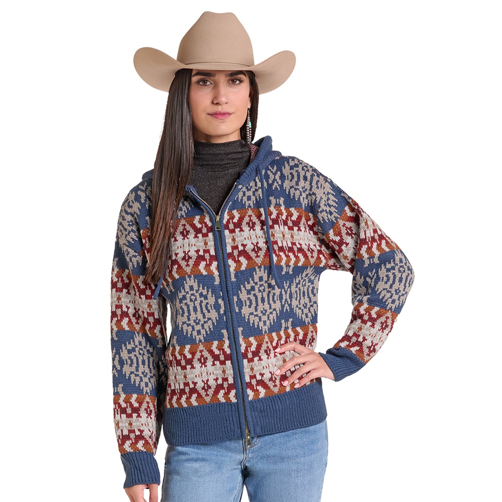 Rock & Roll Women's Blue Aztec Hooded Zip-Up Sweater - Image 2