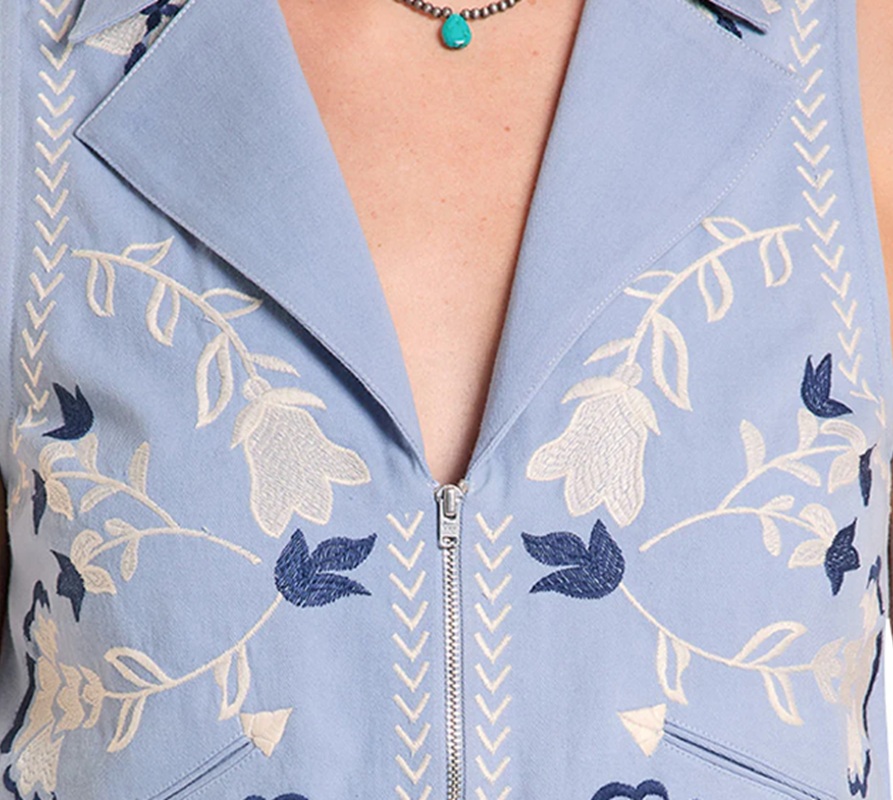 Roll Denim Women's Blue Embroidered Zip-Up Vest – LW98T08832 - Image 2
