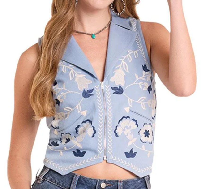 Roll Denim Women's Blue Embroidered Zip-Up Vest – LW98T08832