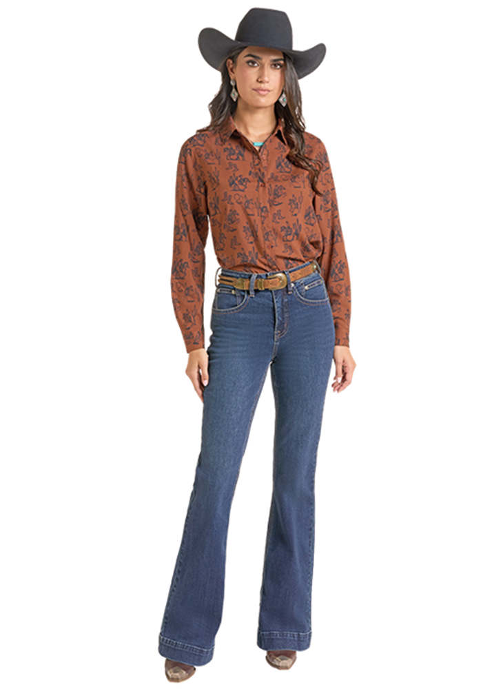 Women’s Rock & Roll Denim Rust Cowboy Print Western Shirt - Image 2
