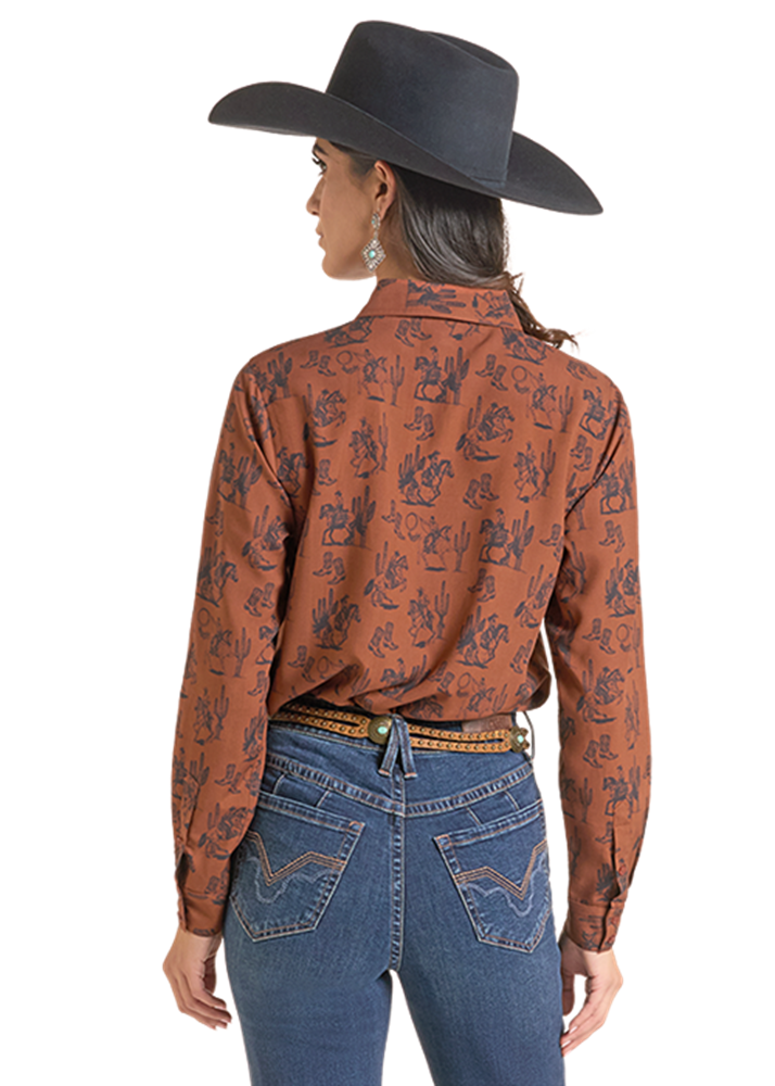 Women’s Rock & Roll Denim Rust Cowboy Print Western Shirt