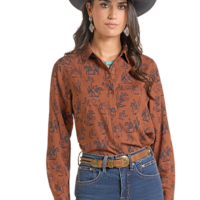 Women’s Rock & Roll Denim Rust Cowboy Print Western Shirt