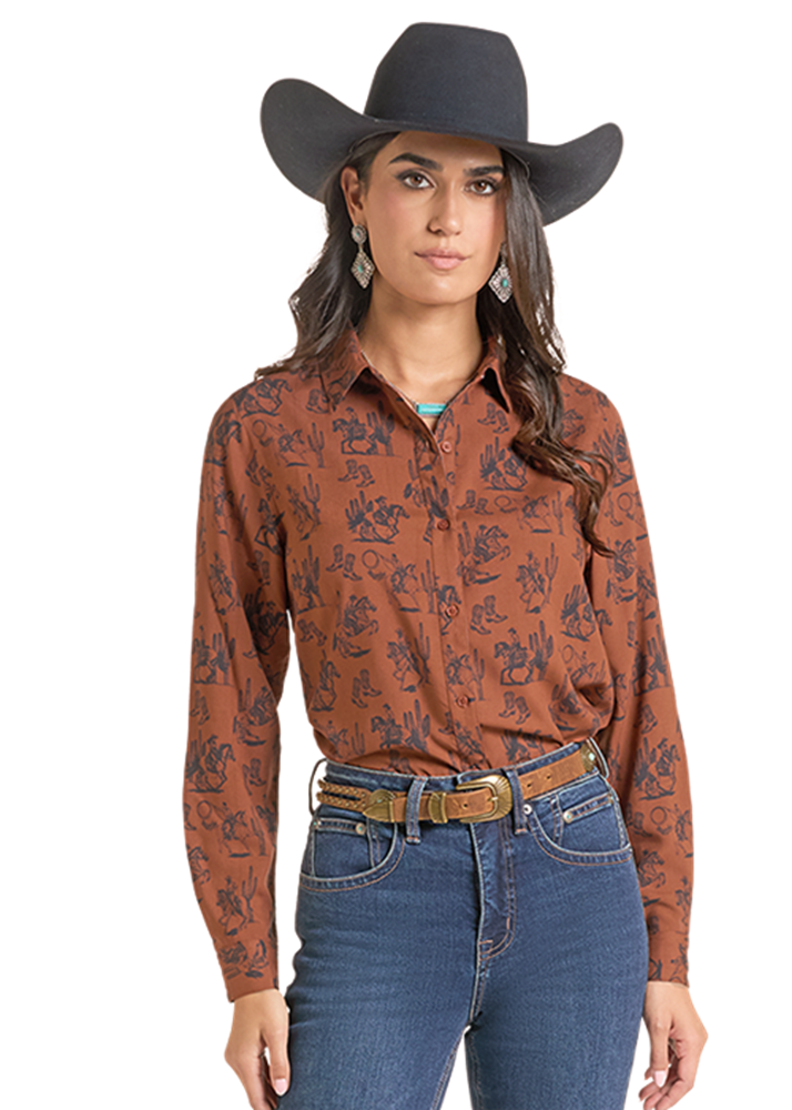 Women’s Rock & Roll Denim Rust Cowboy Print Western Shirt